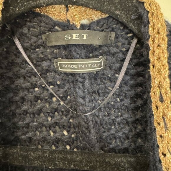 Women's Navy Open-Front Sweater with Gold Metallic Detailing Size 8 - Picture 5 of 5